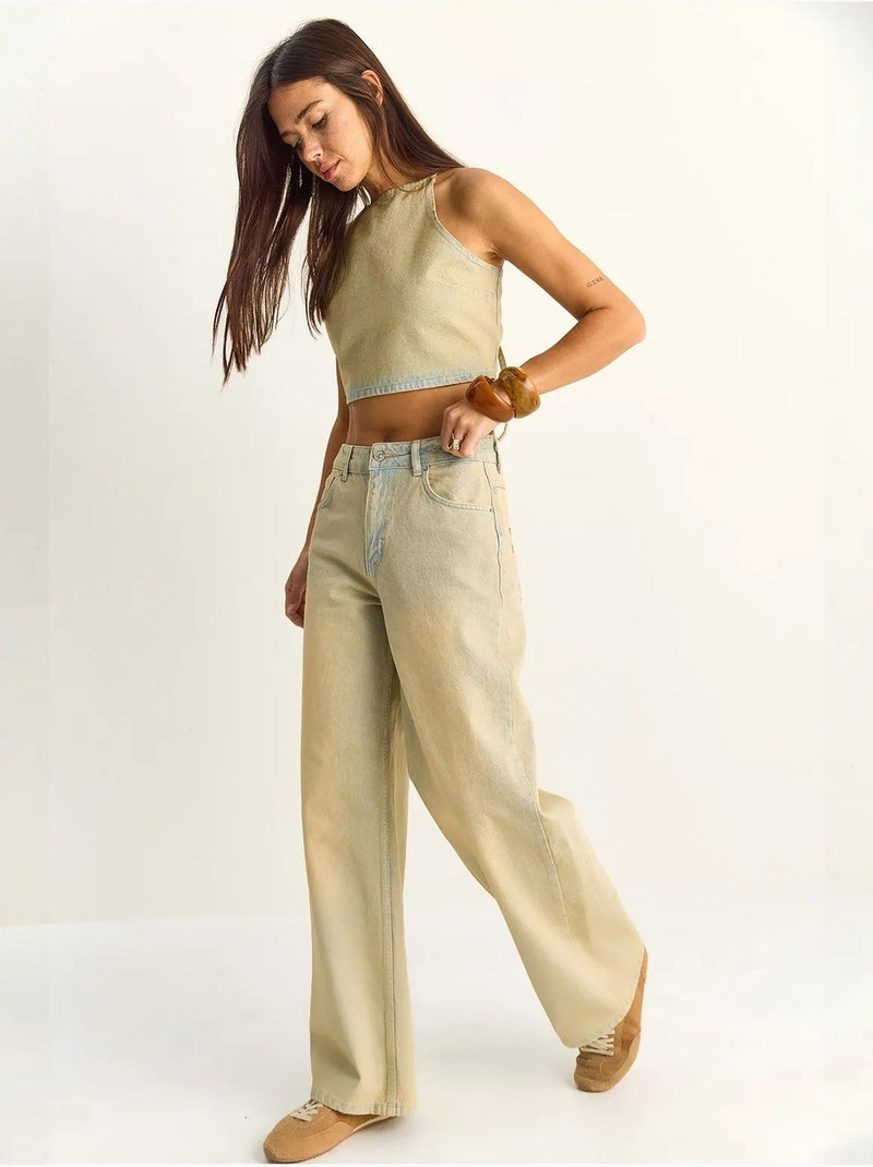 Set top halter in denim a vita alta e pantaloni a gamba larga lucci Beige argilla - Kiabi