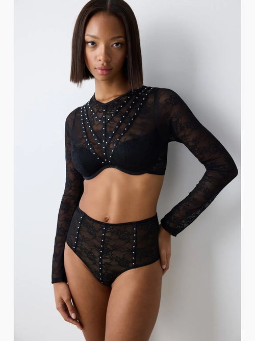 Shinny lace croplet in pizzo a maniche lunghe penti - Kiabi Shinny lace croplet in pizzo a maniche lunghe penti - Kiabi