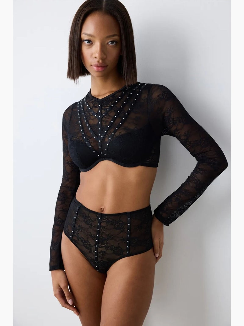 Shinny lace croplet in pizzo a maniche lunghe penti Nero - Kiabi