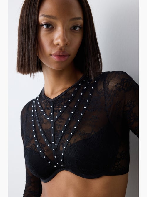 Shinny lace croplet in pizzo a maniche lunghe penti - Kiabi Shinny lace croplet in pizzo a maniche lunghe penti - Kiabi