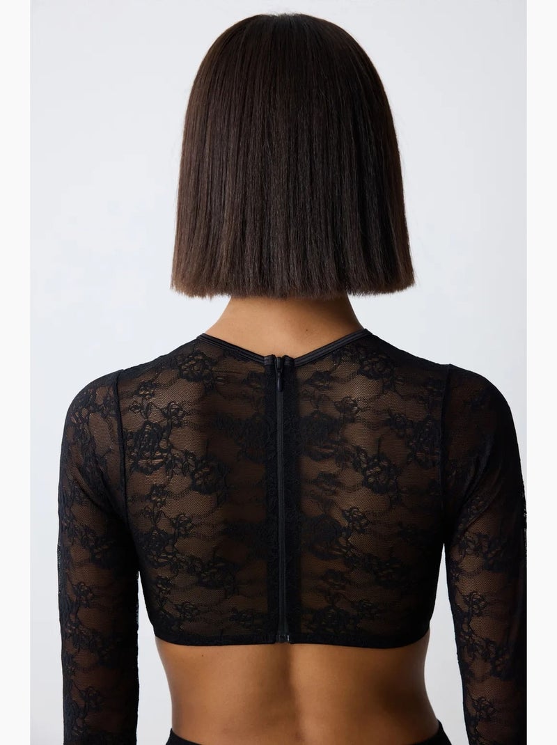 Shinny lace croplet in pizzo a maniche lunghe penti Nero - Kiabi