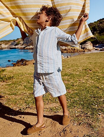 Short a righe con elastico in vita in lino e cotone