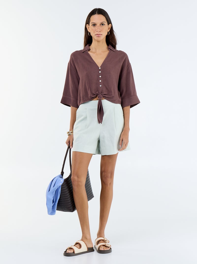 Short in misto lino tinta unita Blu - Kiabi