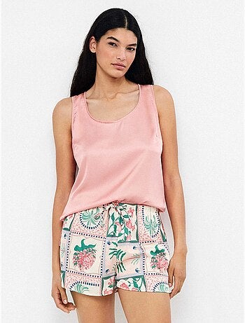 Short in satin con stampa mosaico floreale tropicale