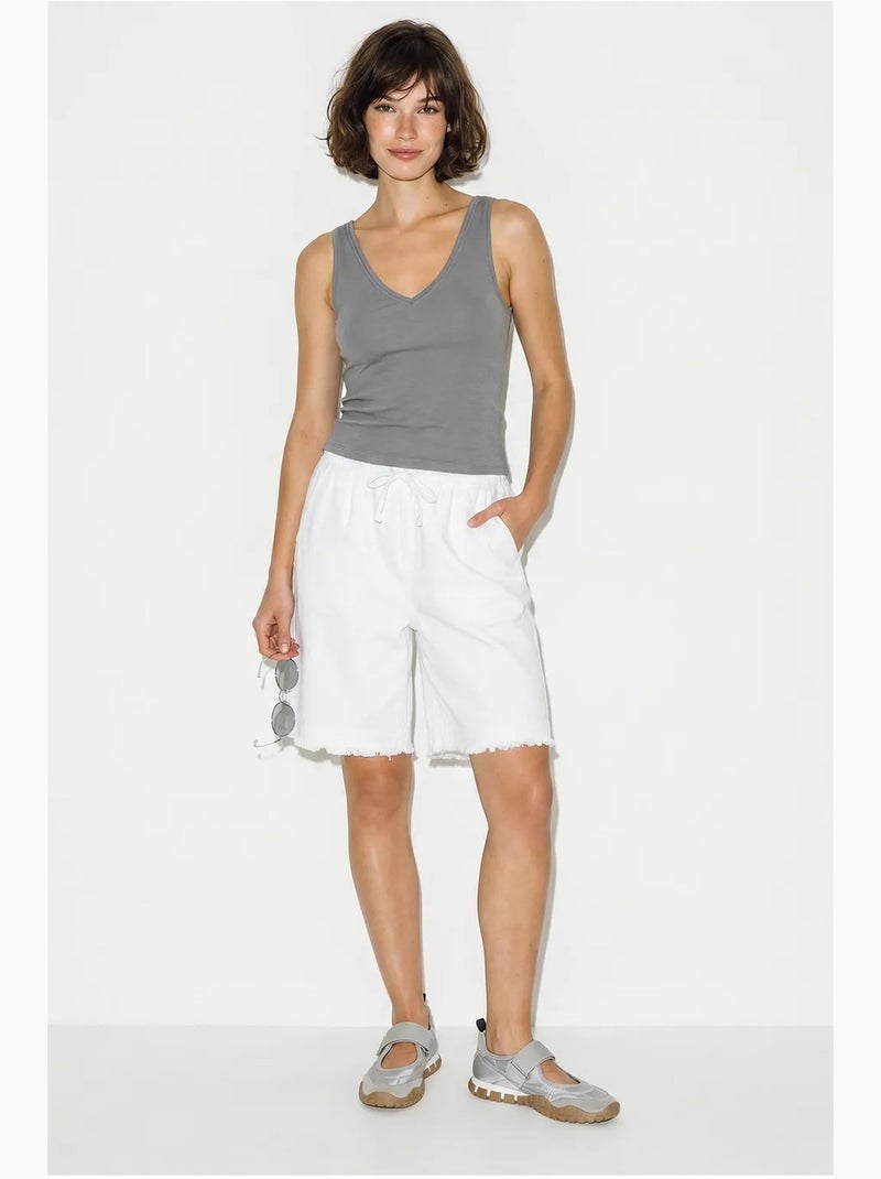 Shorts a gamba ampia a vita alta in misto cotone lucci Bianco - Kiabi