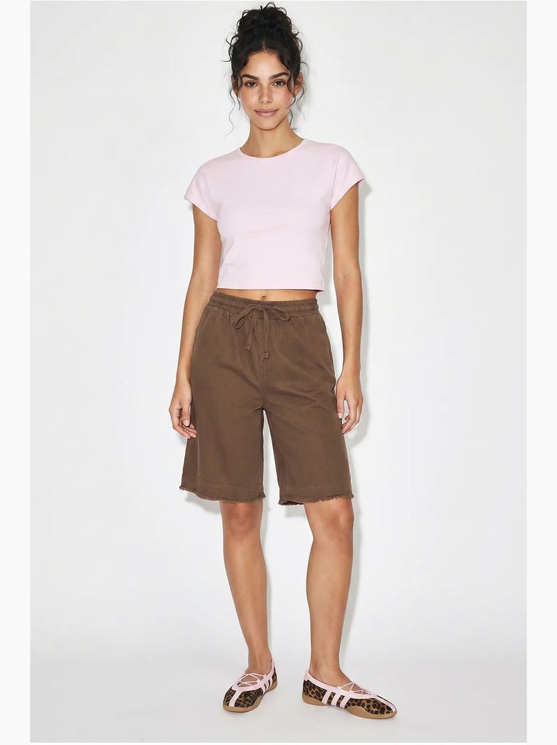 Shorts a gamba ampia a vita alta in misto cotone lucci Marrone - Kiabi