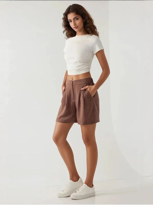Shorts a vita alta plissettati in lyocell soft touch hiccup - Kiabi Shorts a vita alta plissettati in lyocell soft touch hiccup - Kiabi