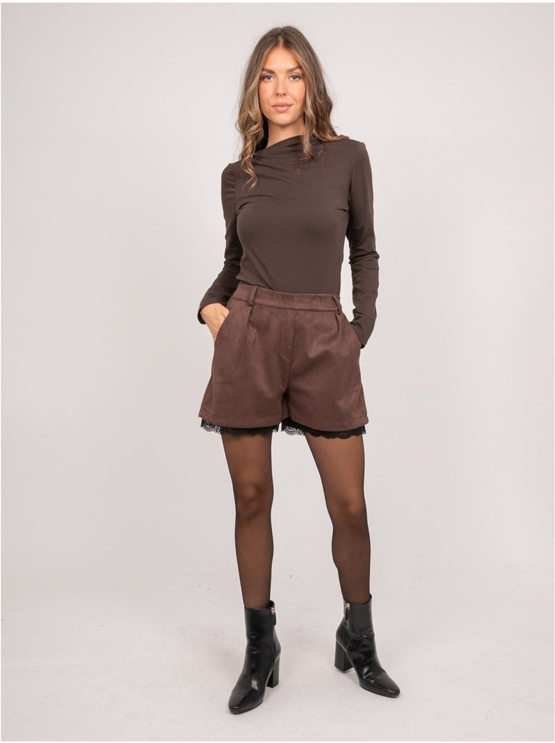 Shorts effetto suede con bordo in pizzo xabara Marrone - Kiabi