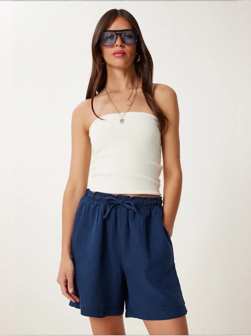 Shorts in cotone a vita alta a gamba ampia istanbul Blu marino - Kiabi