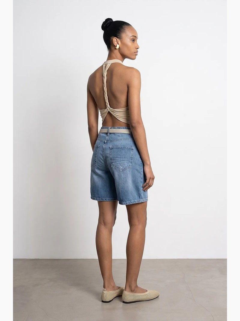 Shorts in denim a vita alta a gamba ampia con cintura dilvin Blu zaffiro - Kiabi