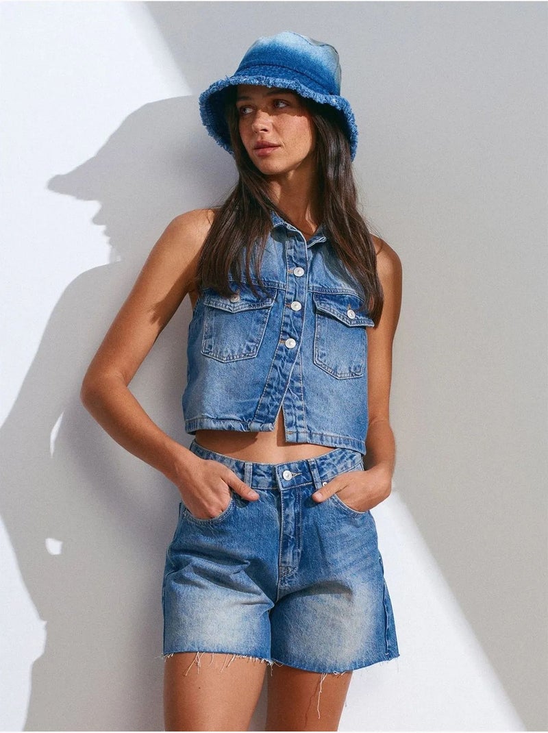 Shorts in denim a vita alta con chiusura a bottoni dilvin Blu chiaro - Kiabi