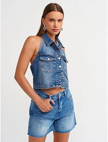 Shorts in denim a vita alta con chiusura a bottoni dilvin