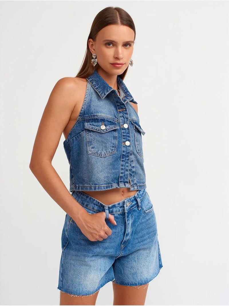 Shorts in denim a vita alta con chiusura a bottoni dilvin Blu zaffiro - Kiabi