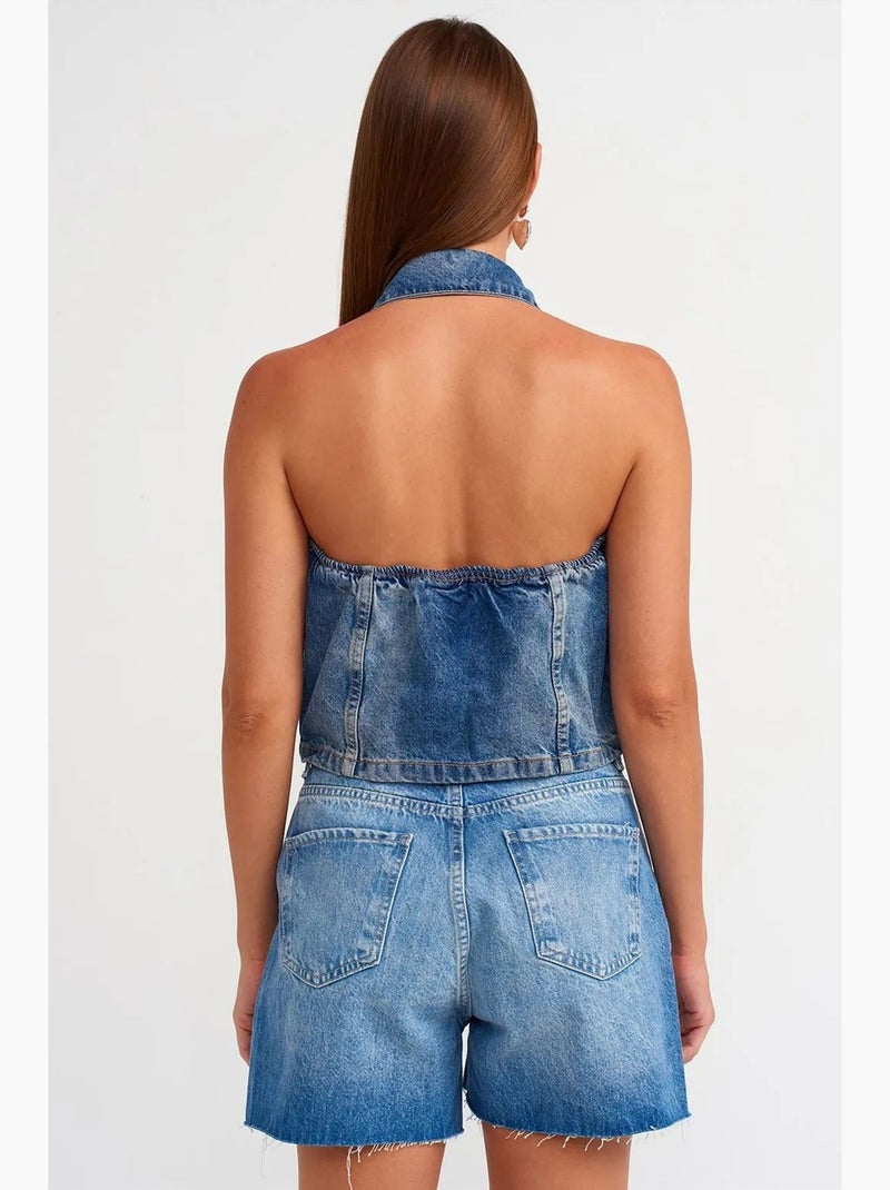 Shorts in denim a vita alta con chiusura a bottoni dilvin Blu zaffiro - Kiabi