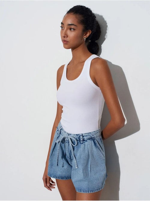 Shorts in denim di cotone a vita alta a gamba ampia dilvin - Kiabi Shorts in denim di cotone a vita alta a gamba ampia dilvin - Kiabi