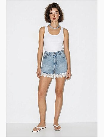 Shorts in denim di cotone a vita alta con dettaglio in pizzo lucci