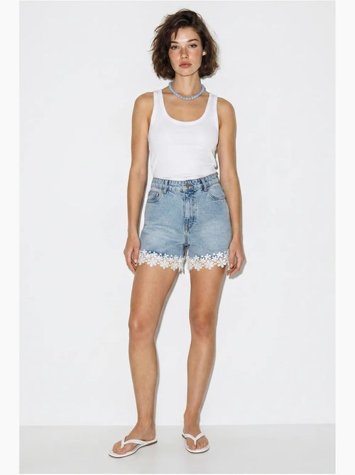 Shorts in denim di cotone a vita alta con dettaglio in pizzo lucci - Kiabi Shorts in denim di cotone a vita alta con dettaglio in pizzo lucci - Kiabi