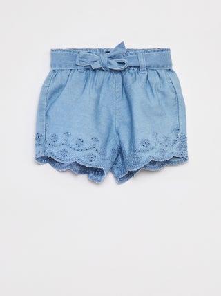 Shorts in denim ricamato con laccio da annodare
