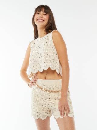 Shorts in macramé con bordo ondulato