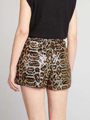 Short à Paillettes Et Perles - Coupe Étroite, Taille Mi-Haute, Jambe Droite - Pour Soirée, Fête, Look Festif Femme