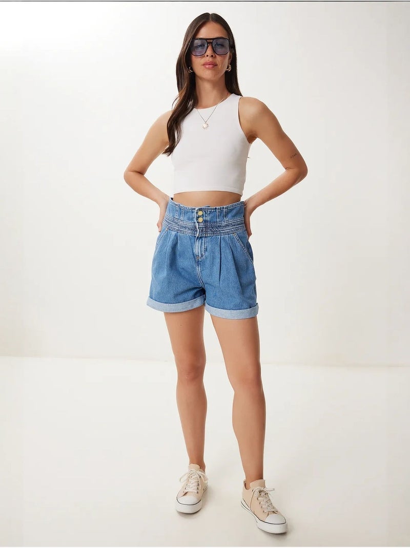 Shorts mom in denim a vita alta istanbul Blu pastello - Kiabi