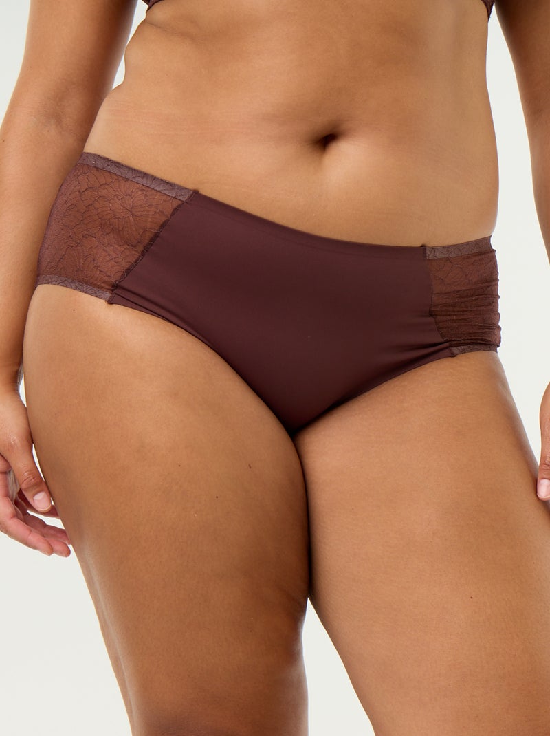 Slip a vita alta in microfibra con pizzo Marrone - Kiabi