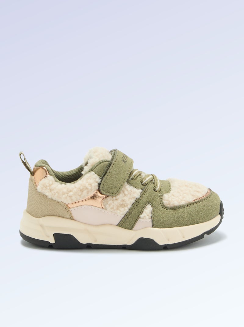 Sneakers basse in similcamoscio ed effetto montone Kaki - Kiabi
