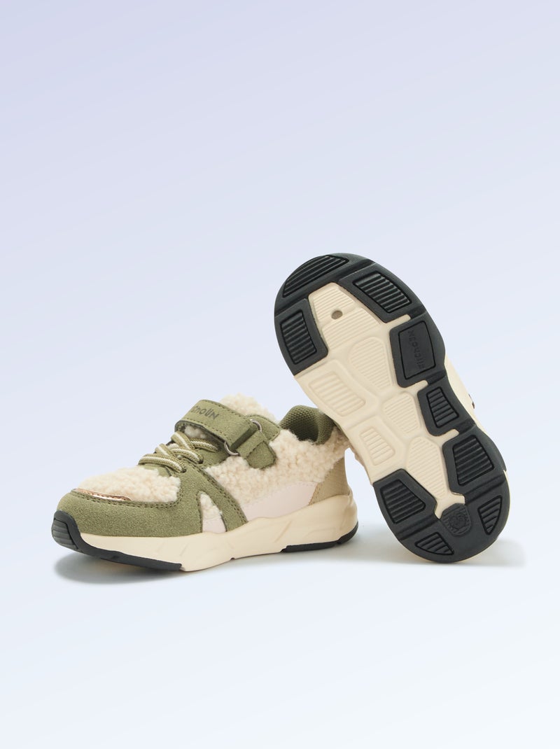 Sneakers basse in similcamoscio ed effetto montone Kaki - Kiabi
