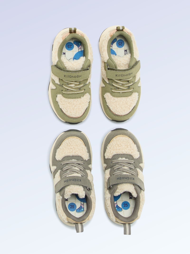 Sneakers basse in similcamoscio ed effetto montone Kaki - Kiabi