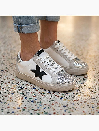 Sneakers Glitter Stelle Donna Plateau Argento Oro OZABI