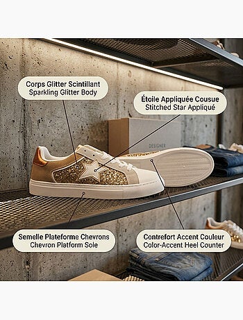 Sneakers Glitter Stelle Donna Plateau Argento Oro OZABI