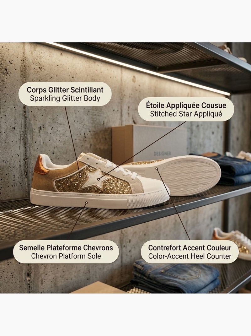 Sneakers Glitter Stelle Donna Plateau Argento Oro OZABI Oro - Kiabi
