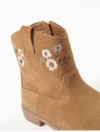Stivaletti alla caviglia in suede con fiori ricamati