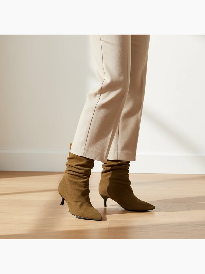 Stivaletti donna scamosciato plissettato tacco fine 4 cm punta appuntita ozabi Cognac - Kiabi