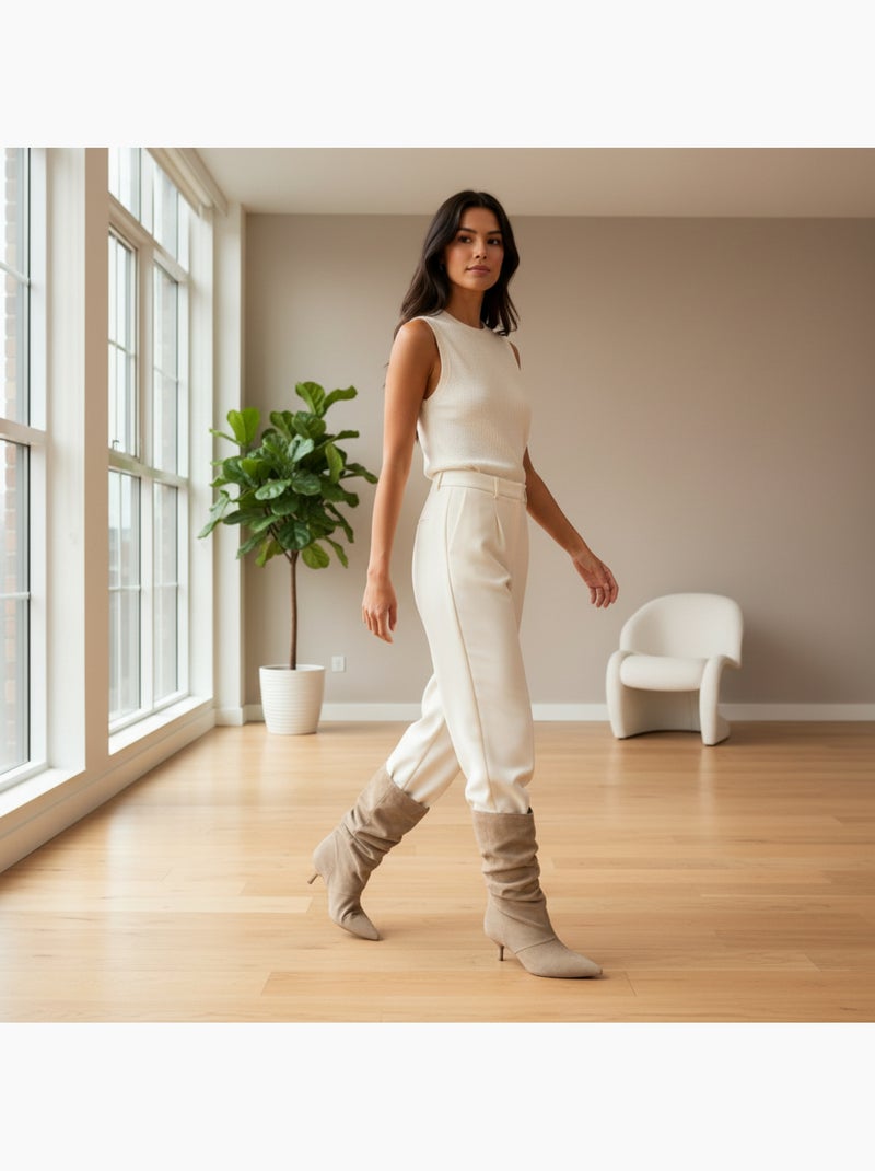 Stivaletti donna scamosciato plissettato tacco fine 4 cm punta appuntita ozabi Tortora - Kiabi
