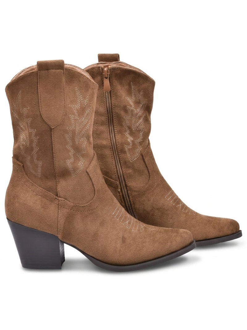 Stivaletti Santiag Donna OZABI Scamosciato Tacco Blocco 6 cm Punta Affusolata Marrone caramello - Kiabi