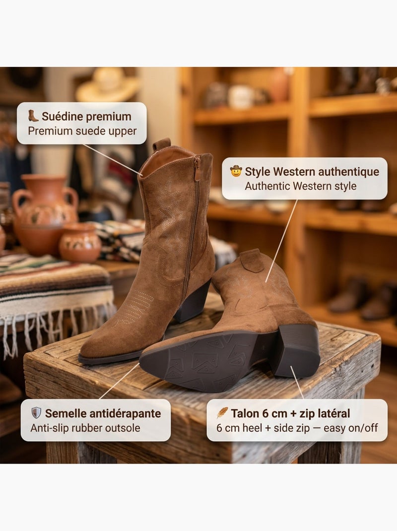 Stivaletti Santiag Donna OZABI Scamosciato Tacco Blocco 6 cm Punta Affusolata Marrone caramello - Kiabi