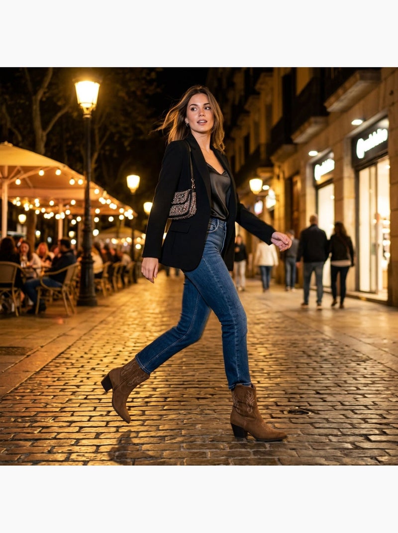 Stivaletti Santiag Donna OZABI Scamosciato Tacco Blocco 6 cm Punta Affusolata Marrone caramello - Kiabi