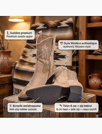 Stivaletti Santiag Donna OZABI Scamosciato Tacco Blocco 6 cm Punta Affusolata