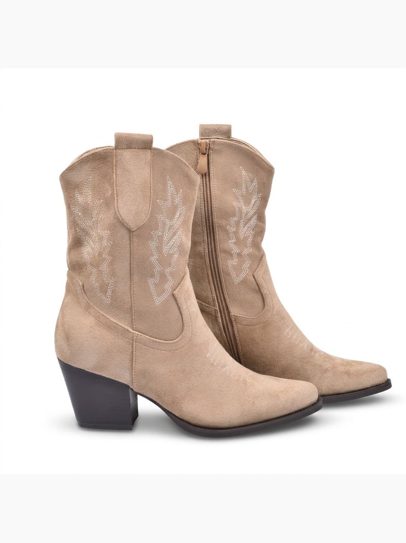 Stivaletti Santiag Donna OZABI Scamosciato Tacco Blocco 6 cm Punta Affusolata Tortora - Kiabi