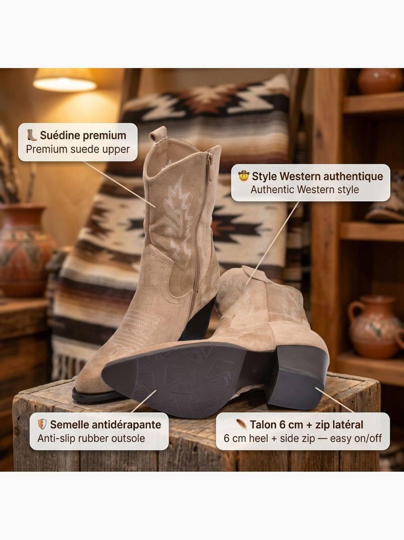 Stivaletti Santiag Donna OZABI Scamosciato Tacco Blocco 6 cm Punta Affusolata Tortora - Kiabi