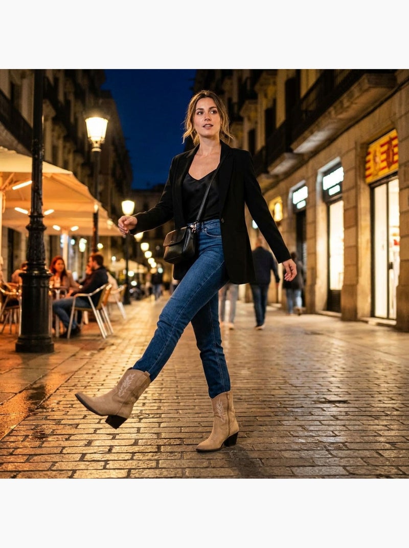 Stivaletti Santiag Donna OZABI Scamosciato Tacco Blocco 6 cm Punta Affusolata Tortora - Kiabi