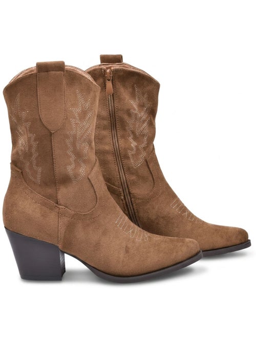 Stivaletti Santiag donna scamosciati tacco blocco 6 cm punta appuntita metà polpaccio OZABI - Kiabi Stivaletti Santiag donna scamosciati tacco blocco 6 cm punta appuntita metà polpaccio OZABI - Kiabi