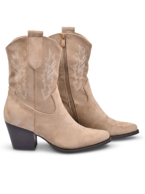 Stivaletti Santiag donna scamosciati tacco blocco 6 cm punta appuntita metà polpaccio OZABI - Kiabi Stivaletti Santiag donna scamosciati tacco blocco 6 cm punta appuntita metà polpaccio OZABI - Kiabi