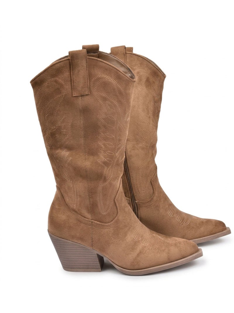 Stivali Santiag Donna Alta Gamba Scamosciato Tacco Blocco 6 cm Punta Affusolata OZABI Marrone caramello - Kiabi
