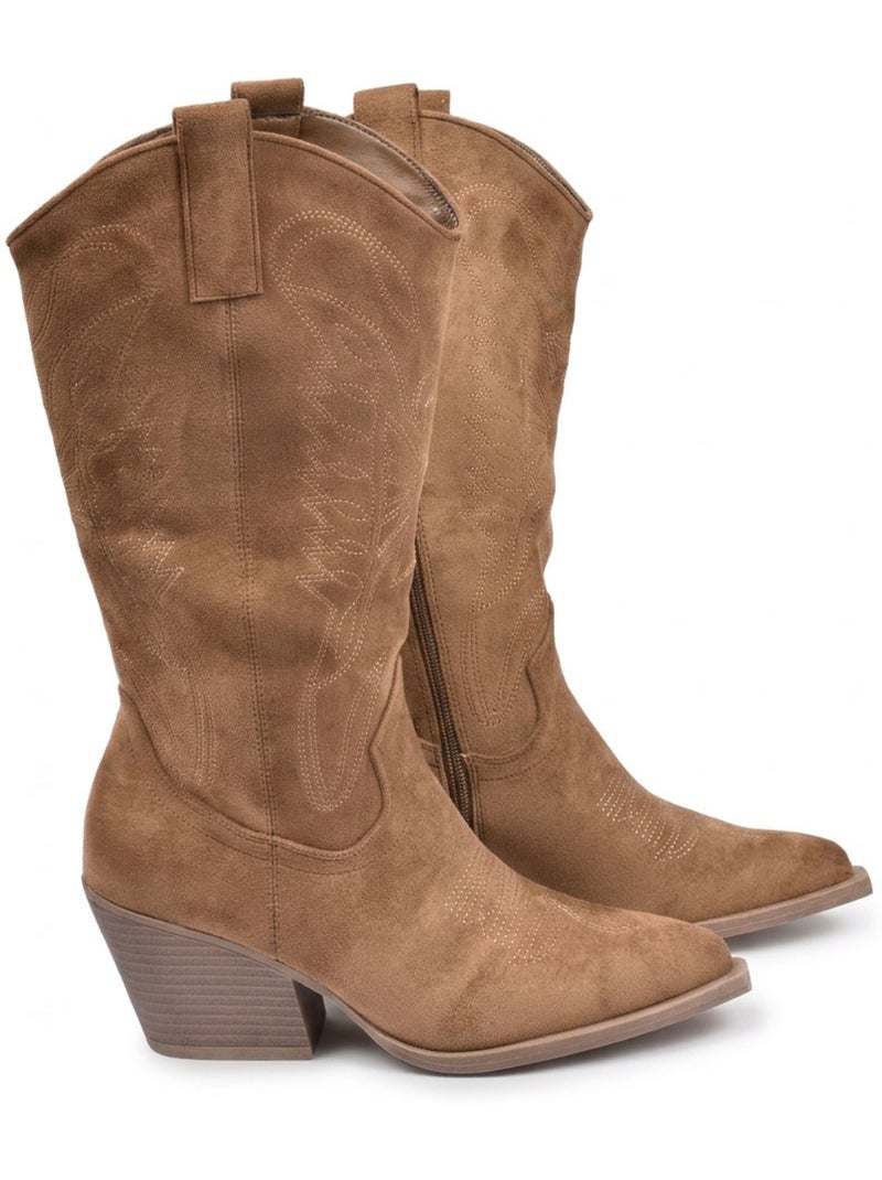 Stivali santiag donna camoscio tacco blocco 6 cm punta affusolata ozabi Marrone caramello - Kiabi