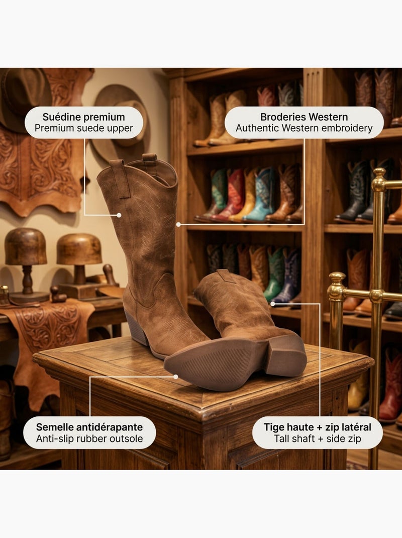 Stivali santiag donna camoscio tacco blocco 6 cm punta affusolata ozabi Marrone caramello - Kiabi