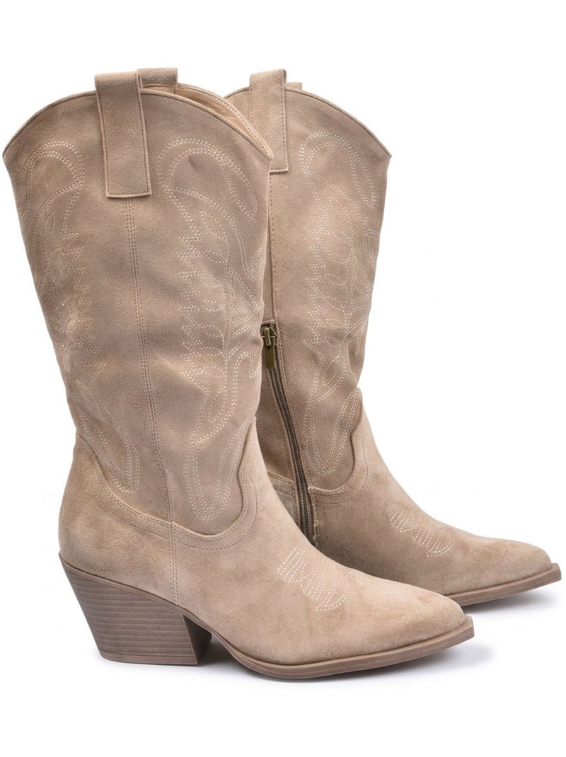 Stivali santiag donna camoscio tacco blocco 6 cm punta affusolata ozabi Tortora - Kiabi