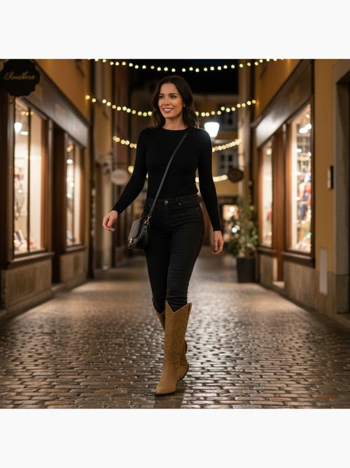 Stivali santiag donna scamosciati tacco blocco 4 cm punta affusolata ozabi - Kiabi Stivali santiag donna scamosciati tacco blocco 4 cm punta affusolata ozabi - Kiabi