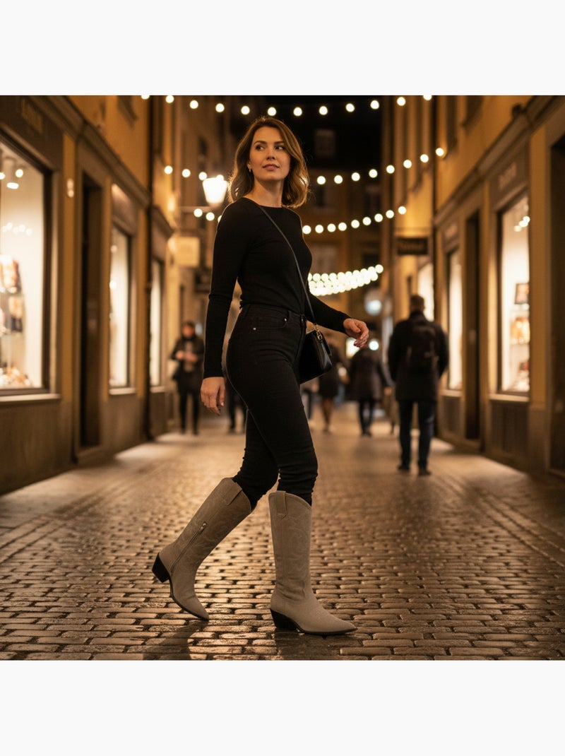 Stivali santiag donna scamosciati tacco blocco 4 cm punta affusolata ozabi Tortora - Kiabi